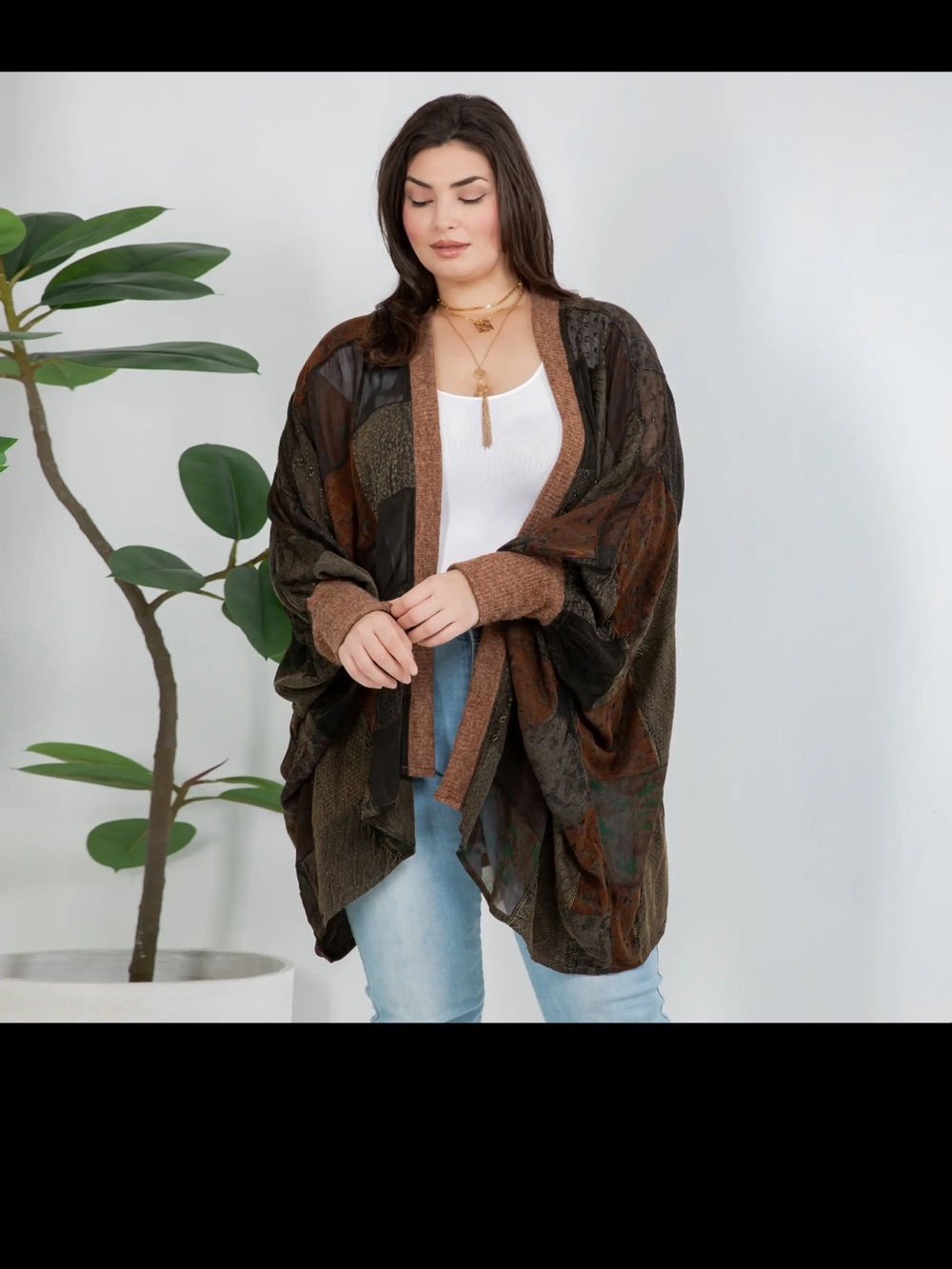 Plus-Size Brown Multi-Tone Draped Kimono Cardigan